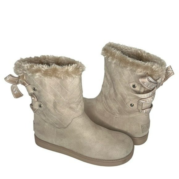 Guess Allyse Sand Logo Bow Suede Faux Fur Mid Calf Winter Boots Size 9M - Picture 5 of 16